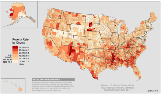 USA Map showing Poverty Rate for Total Population by County 2013